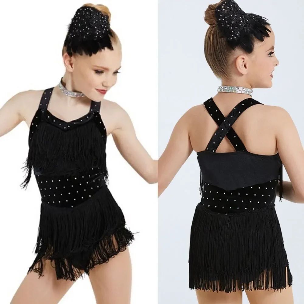 Weissman dance costume black velvet crystal fringe All That Jazz 11704 child LC